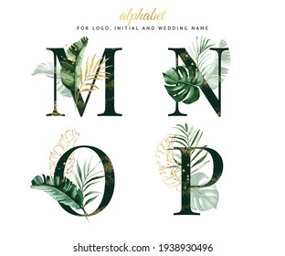 Watercolor alphabet set of M, N, O, P with tropical leaves. for logo, cards, branding, etc