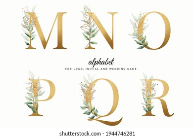 Watercolor alphabet set of M, N, O, P, Q, R with beautiful greenery. for logo, cards, branding, etc