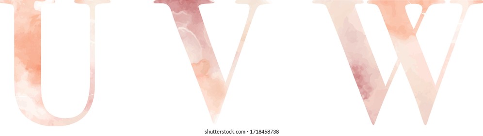 Watercolor Alphabet Set - set of navy letters U,V,W vector pink salmon composition. Unique collection for wedding invites decoration and many other concept ideas.