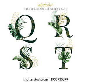 Watercolor alphabet set of Q, R, S, T with tropical leaves. for logo, cards, branding, etc