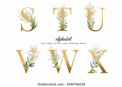 Watercolor alphabet set of S, T, U, V, W, X with beautiful greenery. for logo, cards, branding, etc