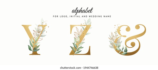 Watercolor alphabet set of Y, Z with beautiful greenery. for logo, cards, branding, etc