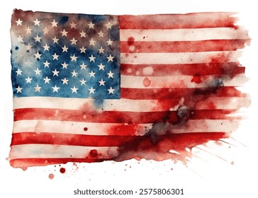 Watercolor American flag, patriotic colors, artistic design, vibrant splashes, abstract background, national pride.