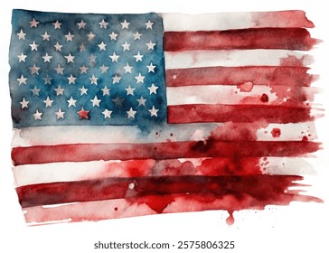 Watercolor American flag, patriotic colors, artistic representation, red and blue hues, textured background, vibrant design.