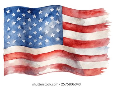 Watercolor American flag, patriotic colors, flowing design, artistic representation, national pride, decorative element.