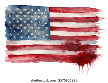 Watercolor American flag, patriotic design, artistic representation, red and blue colors, textured background, symbolic imagery.