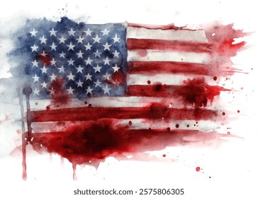 Watercolor American flag, patriotic design, red and blue splashes, artistic expression, abstract background, national pride.