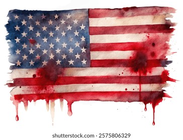 Watercolor American flag, patriotic design, vibrant colors, artistic expression, red and blue splashes, creative illustration.