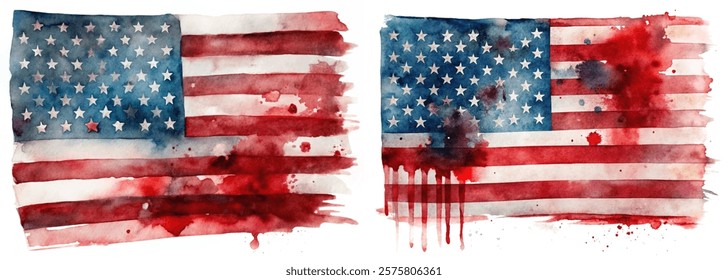 Watercolor American flags, patriotic design, vibrant red and blue, artistic expression, textured background, celebration of freedom.