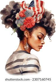 Watercolor American Lady Afro Messy Bun. Lovely Afro American Woman with 4th of July accessories Illustration Clipart