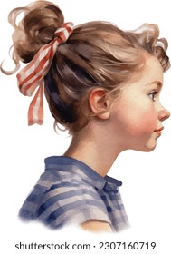 Watercolor American Messy Bun. Cute American Girl with 4th of July accessories Illustration Clipart