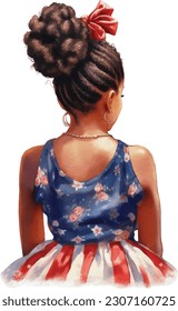Watercolor American Messy Bun. Cute Afro American Girl with 4th of July accessories Illustration Clipart