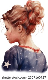 Watercolor American Messy Bun. Cute American Girl with 4th of July accessories Illustration Clipart