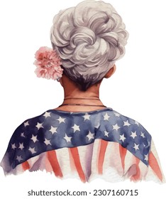 Watercolor American Old Lady Woman Messy Bun. American Woman with 4th of July accessories Illustration Clipart