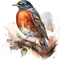 Watercolor American Robin Bird Vector Design, Illustration Isolated In White Background