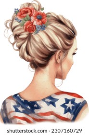 Watercolor American Woman Messy Bun. Lovely American Lady with 4th of July accessories Illustration Clipart