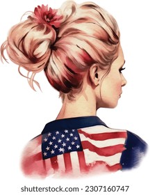 Watercolor American Woman Messy Bun. Agradable American Lady con accesorios del 4 de julio Illustration Clipart