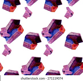Watercolor Amethyst Crystal seamless pattern on white background. Trendy vector illustration. Watercolor texture. Cloth & rug design. Blue, purple, magenta & bordo backdrop.