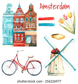 Watercolor Amsterdam illustration. Set of traditional objects of Netherlands. Isolated elements in vector included buildings, tulips, windmill,  flag, bike and shoes. 