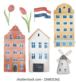 Watercolor Amsterdam objects set. Isolated illustrations in vector: buildings, tulips, old windmill, the flag of the Netherlands