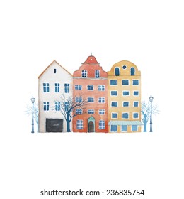 Watercolor Amsterdam street. Hand drawn isolated illustration in vector with buildings, trees, lamps.