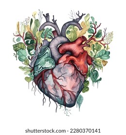 Watercolor anatomical human heart from which the tree grows vector illustration. Valentine's heart with watercolor flowers.