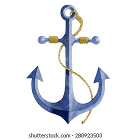 Watercolor anchor with rope.  Watercolor vector element. Hand painting.