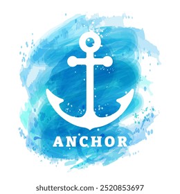 Watercolor anchor sketch. Ship anchor on blue waves background isolated vector illustration