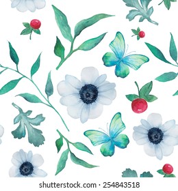 Watercolor anemone and butterfly pattern. Seamless texture with hand painted natural objects: blue butterfly, herbal branch with leaves, berry and flowers. Vector summer background