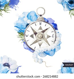 watercolor, anemone, flower, vintage, compass, vintage 
