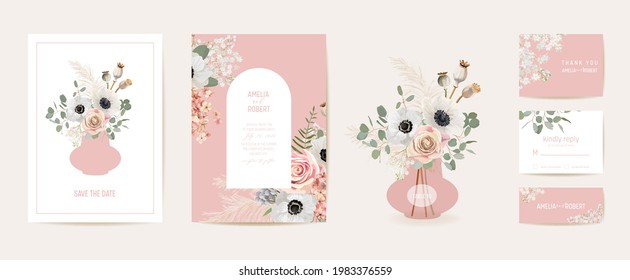 Watercolor anemone, pampas grass, rose floral wedding card. Vector summer flowers invitation. Boho template frame. Botanical Save the Date foliage cover, modern design poster