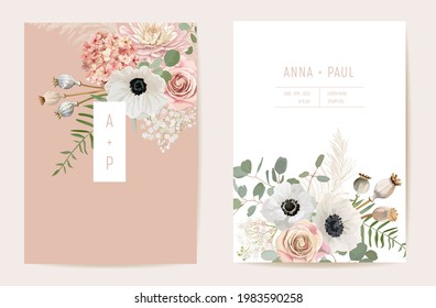 Watercolor anemone, pampas grass, rose floral wedding card. Vector summer flowers invitation. Boho template frame. Botanical Save the Date foliage cover, modern design poster