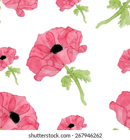 watercolor anemone seamless pattern. hand drawn. vector eps 8.