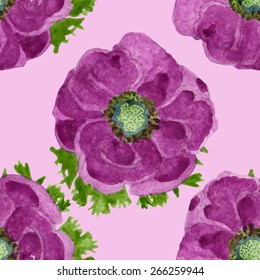 watercolor anemone seamless pattern.hand drawn.vector eps 8.