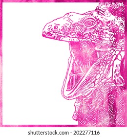 watercolor animal background in pink color, head of lizard with opened mouth, vector illustration