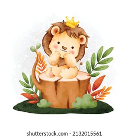 Watercolor animal cute safari lion sitting on a log 