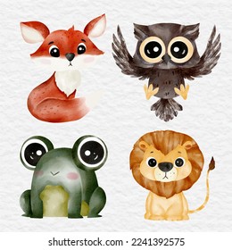 watercolor animal fox owl frog lion element