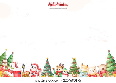 Watercolor Animal Vector illustrations. Horizontal Christmas Background