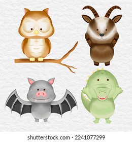 watercolor animal wildlife collection clip art set owl, bat, aligator, goat