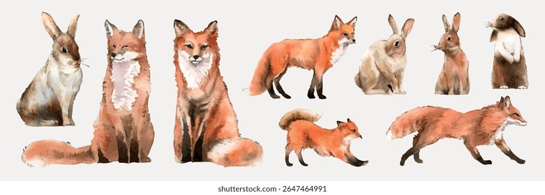 Watercolor animals including foxes and rabbits. Foxes and rabbits in various poses. Foxes and rabbits painted in watercolor style. Foxes and rabbits illustration. Isolated animal vector set.