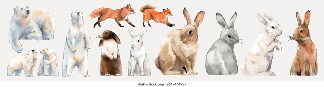 Watercolor animals: polar bears, foxes, rabbits. Polar bears and foxes in pairs. Rabbits in various poses. Soft watercolor style for animals, foxes, and bears. Isolated animal vector set.