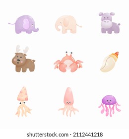 Watercolor animals set. Elephant, hippopotamus, reindeer, crab, shellfish, squid, jellyfish. Digital paint. Vector illustration.