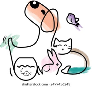 Watercolor Animals vector, dog cat fist rabbit watercolor illustration vector, Animals illustration