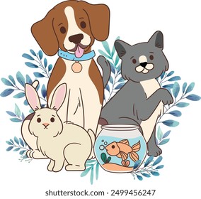 Watercolor Animals vector, dog cat fist rabbit watercolor illustration vector, Animals illustration