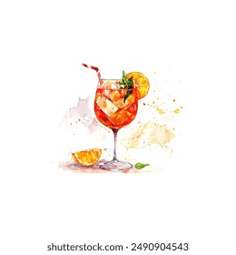 Watercolor Aperol Spritz with Orange Slice. Vector illustration design.