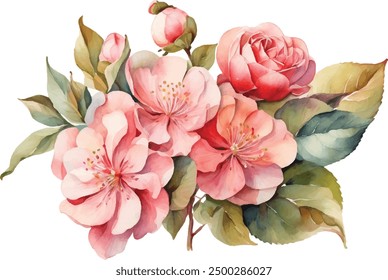 Watercolor apple flower. Pink flowers with green leaves. Hand painted artwork with petals. Artistic flowers.