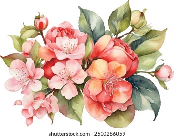 Watercolor apple flower. Pink flowers with green leaves. Hand painted artwork with petals. Artistic flowers.