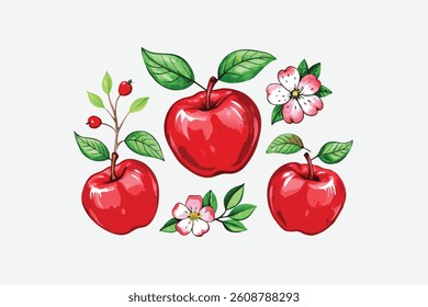 Watercolor Apples and Flowers A Vibrant Spring Autumn Design