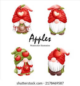 manzanas acuarelas gnome, ilustración vectorial de la fruta gnome