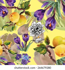 Watercolor apples on tree twigs and pansy flowers seamless pattern on yellow background vector illustration